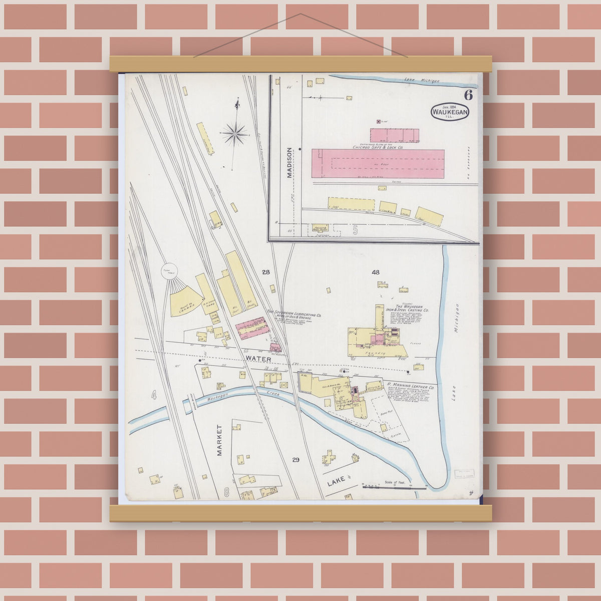 Old map wall art mockup — magnetic wood frame on brick wall — Sanborn Fire Insurance Map from Waukegan, Lake County, Illinois (1894), Sheet #0006