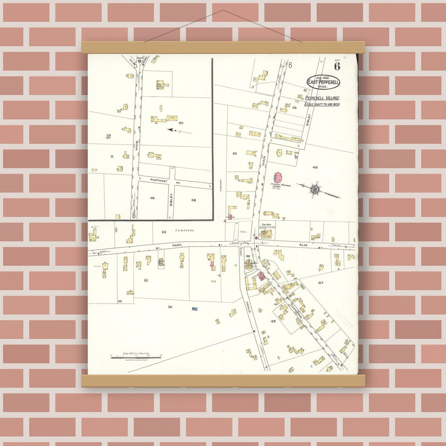 Old map wall art mockup — magnetic wood frame on brick wall — Sanborn Fire Insurance Map from East Pepperell, Middlesex County, Massachusetts (1922), Sheet #0006