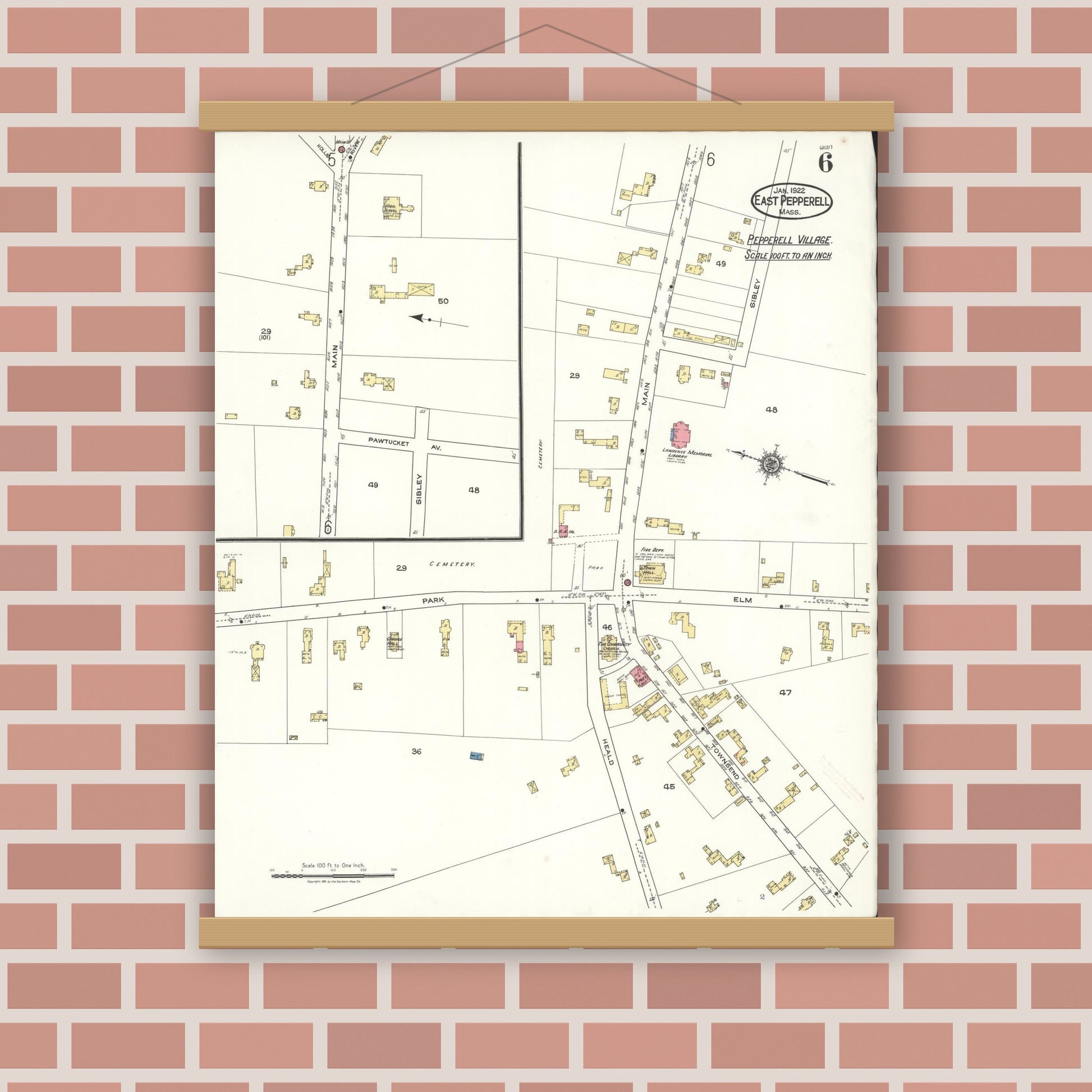 Old map wall art mockup — magnetic wood frame on brick wall — Sanborn Fire Insurance Map from East Pepperell, Middlesex County, Massachusetts (1922), Sheet #0006
