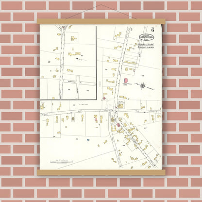 Old map wall art mockup — magnetic wood frame on brick wall — Sanborn Fire Insurance Map from East Pepperell, Middlesex County, Massachusetts (1922), Sheet #0006