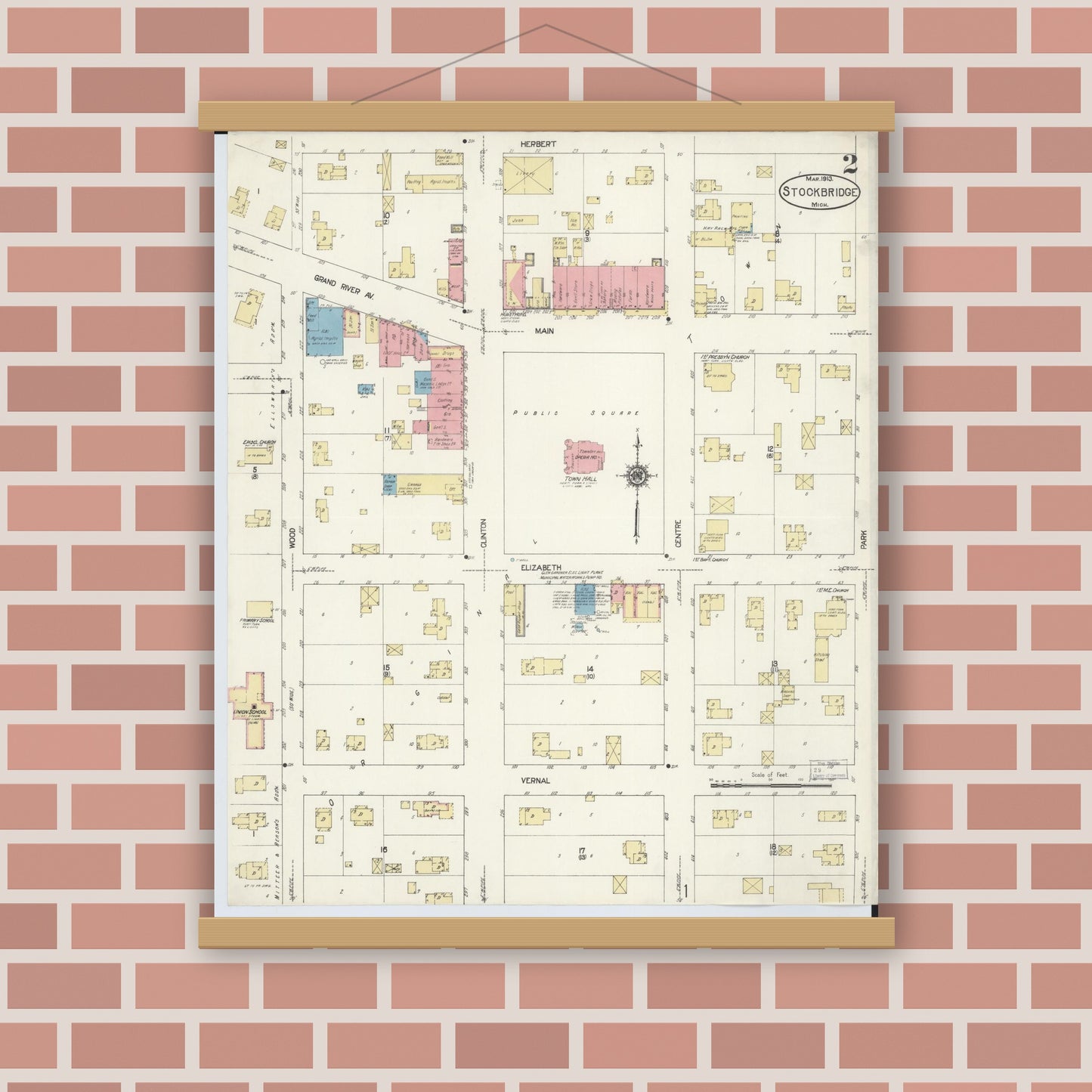 Old map wall art mockup — magnetic wood frame on brick wall — Sanborn Fire Insurance Map from Stockbridge, Ingham County, Michigan (1913), Sheet #0002