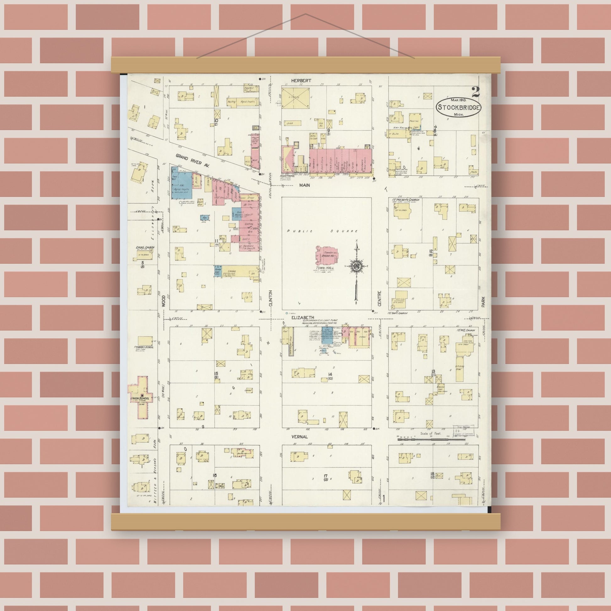 Old map wall art mockup — magnetic wood frame on brick wall — Sanborn Fire Insurance Map from Stockbridge, Ingham County, Michigan (1913), Sheet #0002