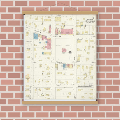 Old map wall art mockup — magnetic wood frame on brick wall — Sanborn Fire Insurance Map from Stockbridge, Ingham County, Michigan (1913), Sheet #0002