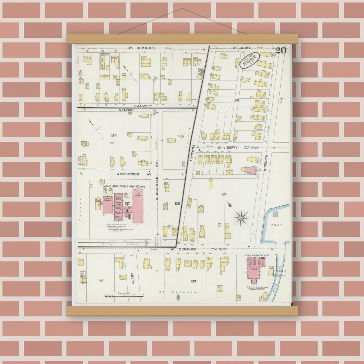 Old map wall art mockup — magnetic wood frame on brick wall — Sanborn Fire Insurance Map from Rome, Oneida County, New York (1894), Sheet #0020