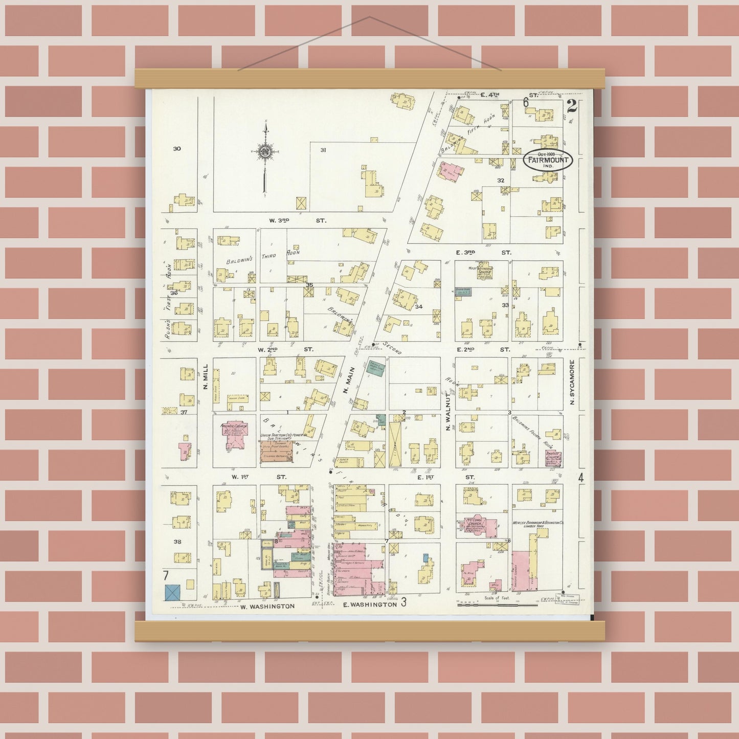 Old map wall art mockup — magnetic wood frame on brick wall — Sanborn Fire Insurance Map from Fairmount, Grant County, Indiana (1909), Sheet #0002