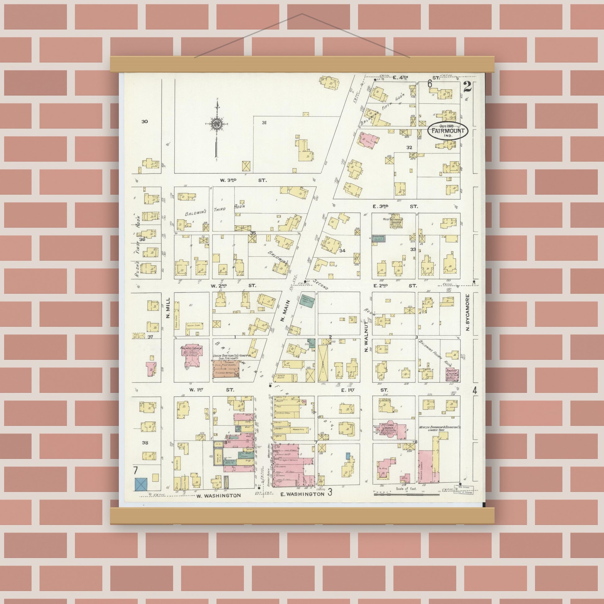 Old map wall art mockup — magnetic wood frame on brick wall — Sanborn Fire Insurance Map from Fairmount, Grant County, Indiana (1909), Sheet #0002