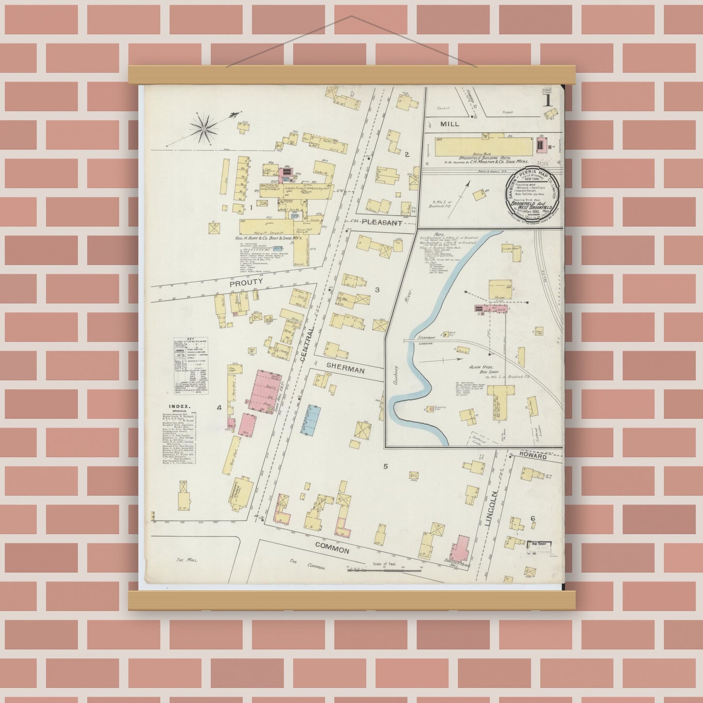 Old map wall art mockup — magnetic wood frame on brick wall — Sanborn Fire Insurance Map from Brookfield, Worcester County, Massachusetts (1893) - Complete Map Set