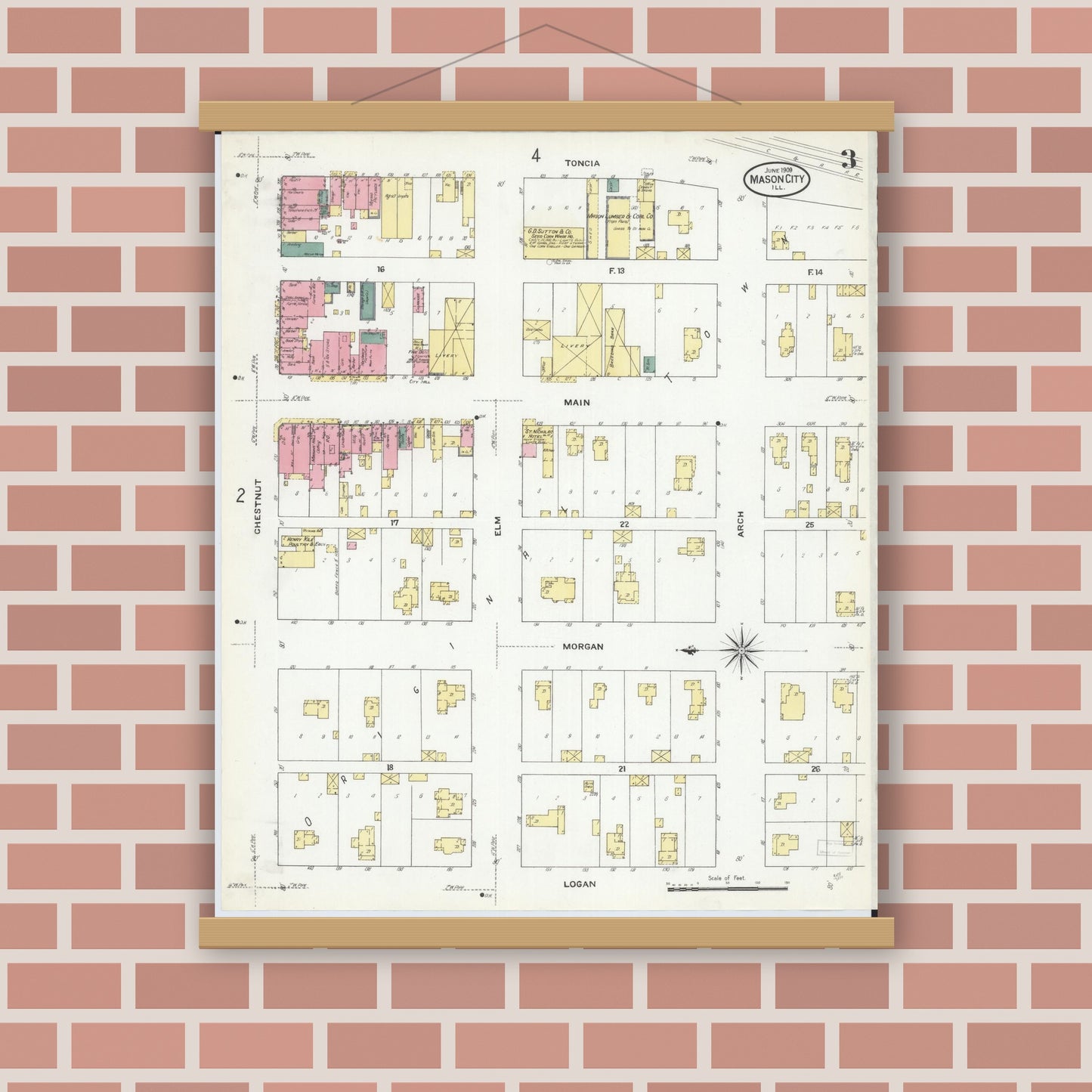 Old map wall art mockup — magnetic wood frame on brick wall — Sanborn Fire Insurance Map from Mason City, Mason County, Illinois (1909), Sheet #0003