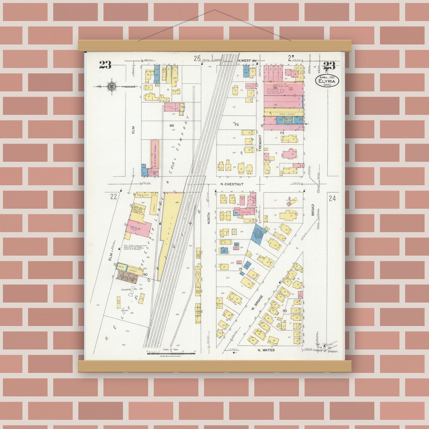 Old map wall art mockup — magnetic wood frame on brick wall — Sanborn Fire Insurance Map from Elyria, Lorain County, Ohio (1925), Sheet #0023
