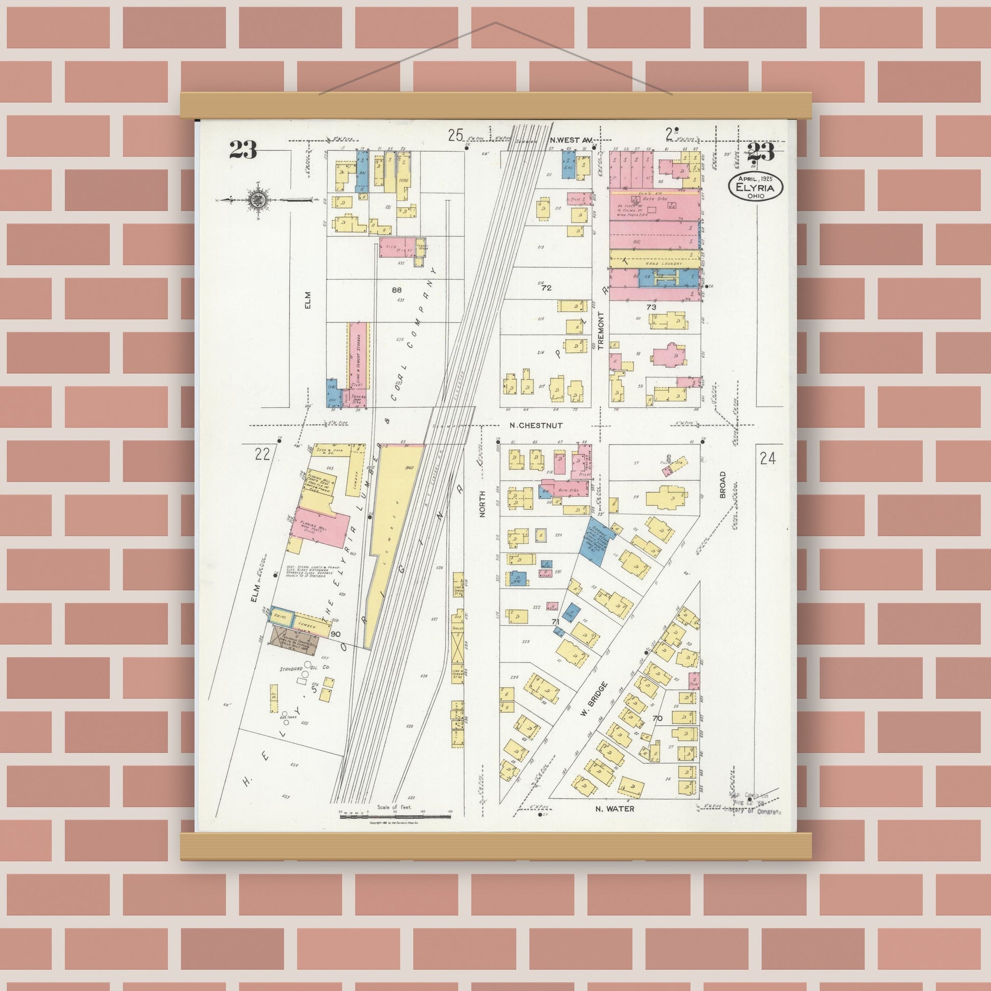 Old map wall art mockup — magnetic wood frame on brick wall — Sanborn Fire Insurance Map from Elyria, Lorain County, Ohio (1925), Sheet #0023
