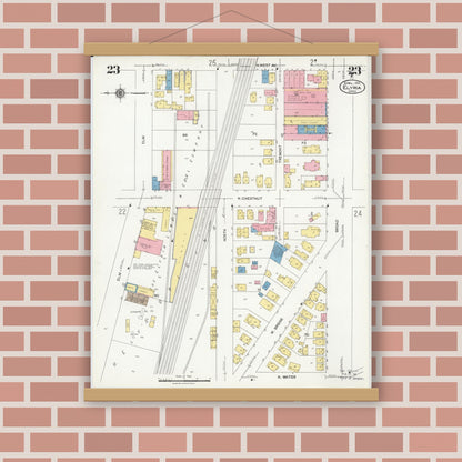 Old map wall art mockup — magnetic wood frame on brick wall — Sanborn Fire Insurance Map from Elyria, Lorain County, Ohio (1925), Sheet #0023