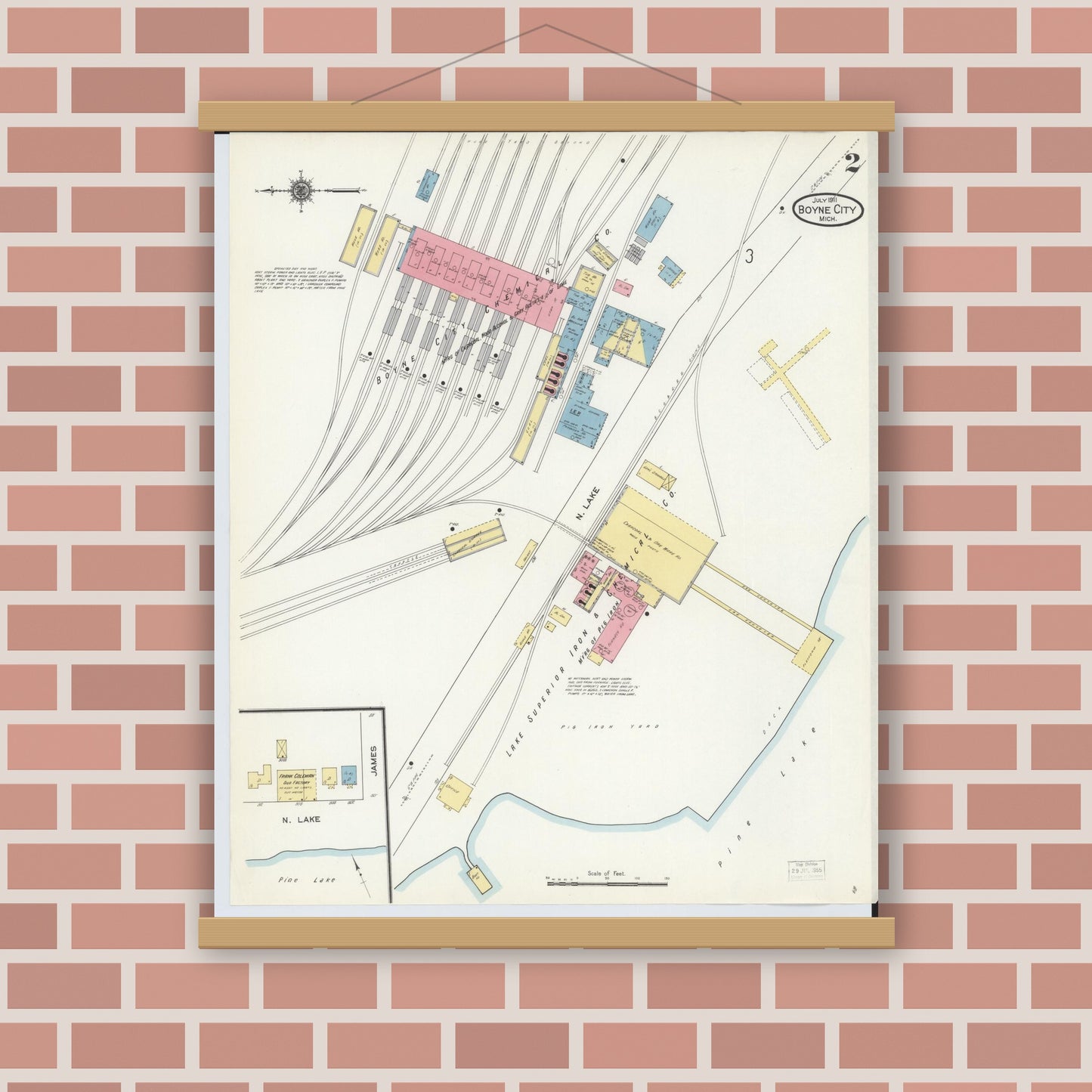 Old map wall art mockup — magnetic wood frame on brick wall — Sanborn Fire Insurance Map from Boyne City, Charlevoix County, Michigan (1911), Sheet #0002