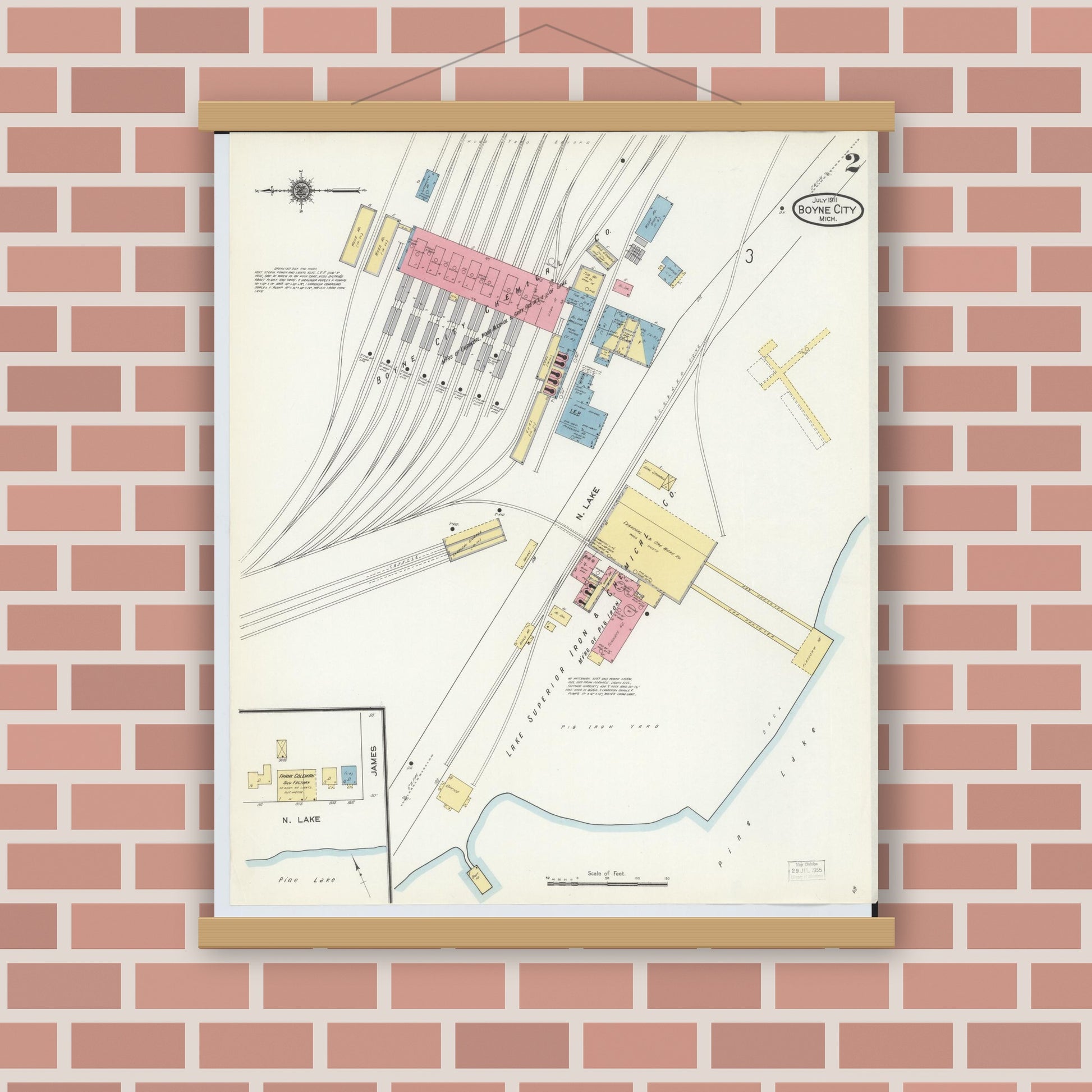 Old map wall art mockup — magnetic wood frame on brick wall — Sanborn Fire Insurance Map from Boyne City, Charlevoix County, Michigan (1911), Sheet #0002