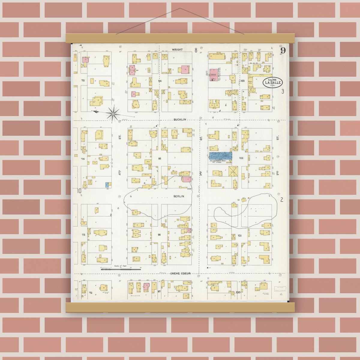 Old map wall art mockup — magnetic wood frame on brick wall — Sanborn Fire Insurance Map from La Salle, La Salle County, Illinois (1906), Sheet #0009