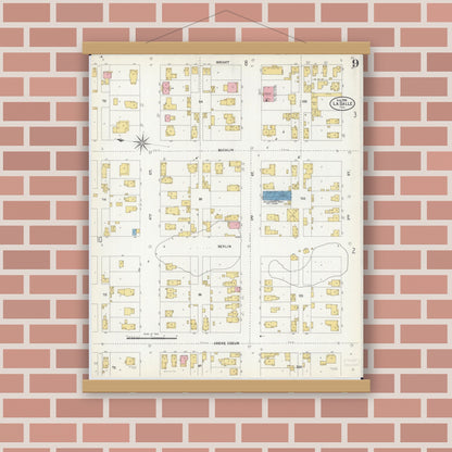 Old map wall art mockup — magnetic wood frame on brick wall — Sanborn Fire Insurance Map from La Salle, La Salle County, Illinois (1906), Sheet #0009