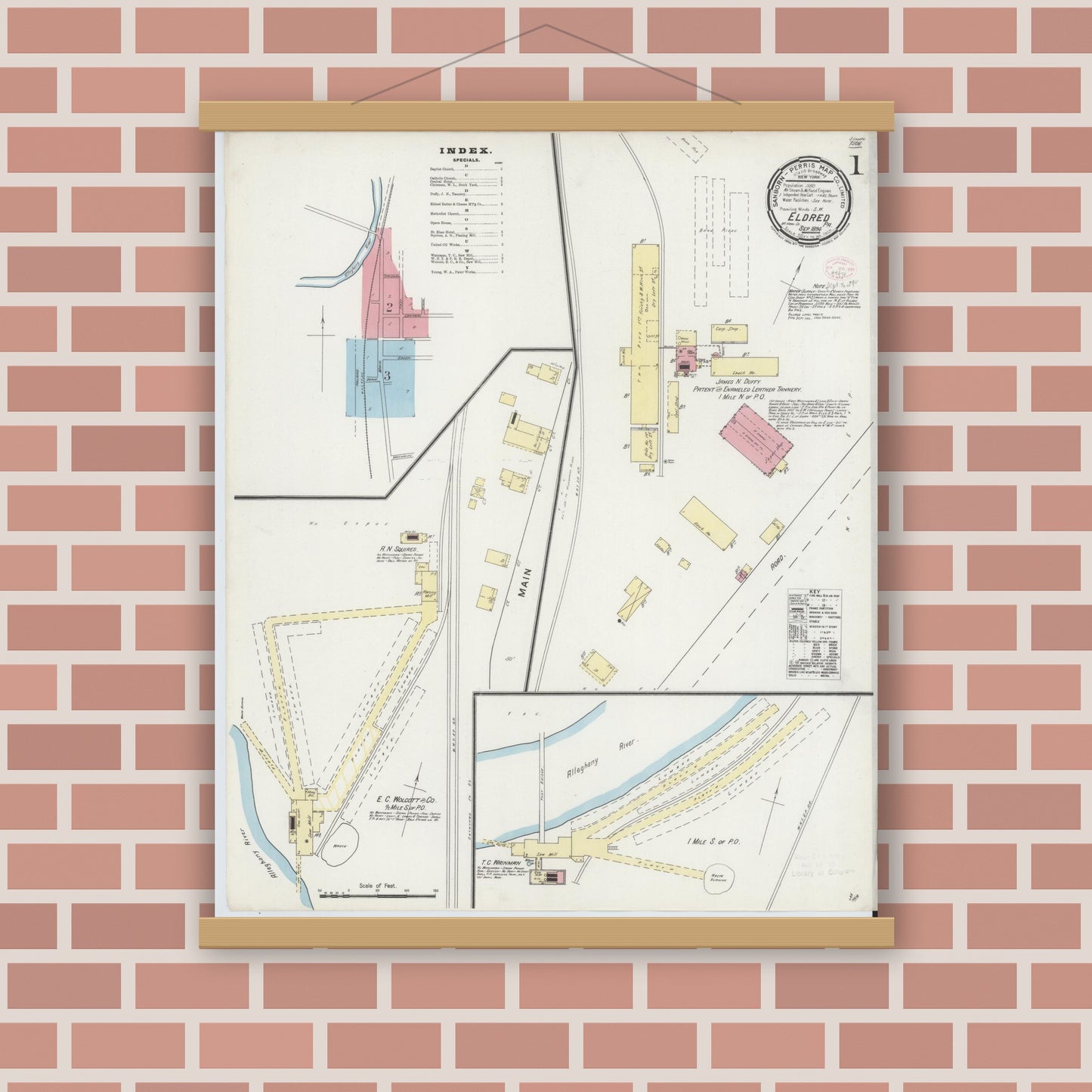 Old map wall art mockup — magnetic wood frame on brick wall — Sanborn Fire Insurance Map from Eldred, McKean County, Pennsylvania (1894), Sheet #0001