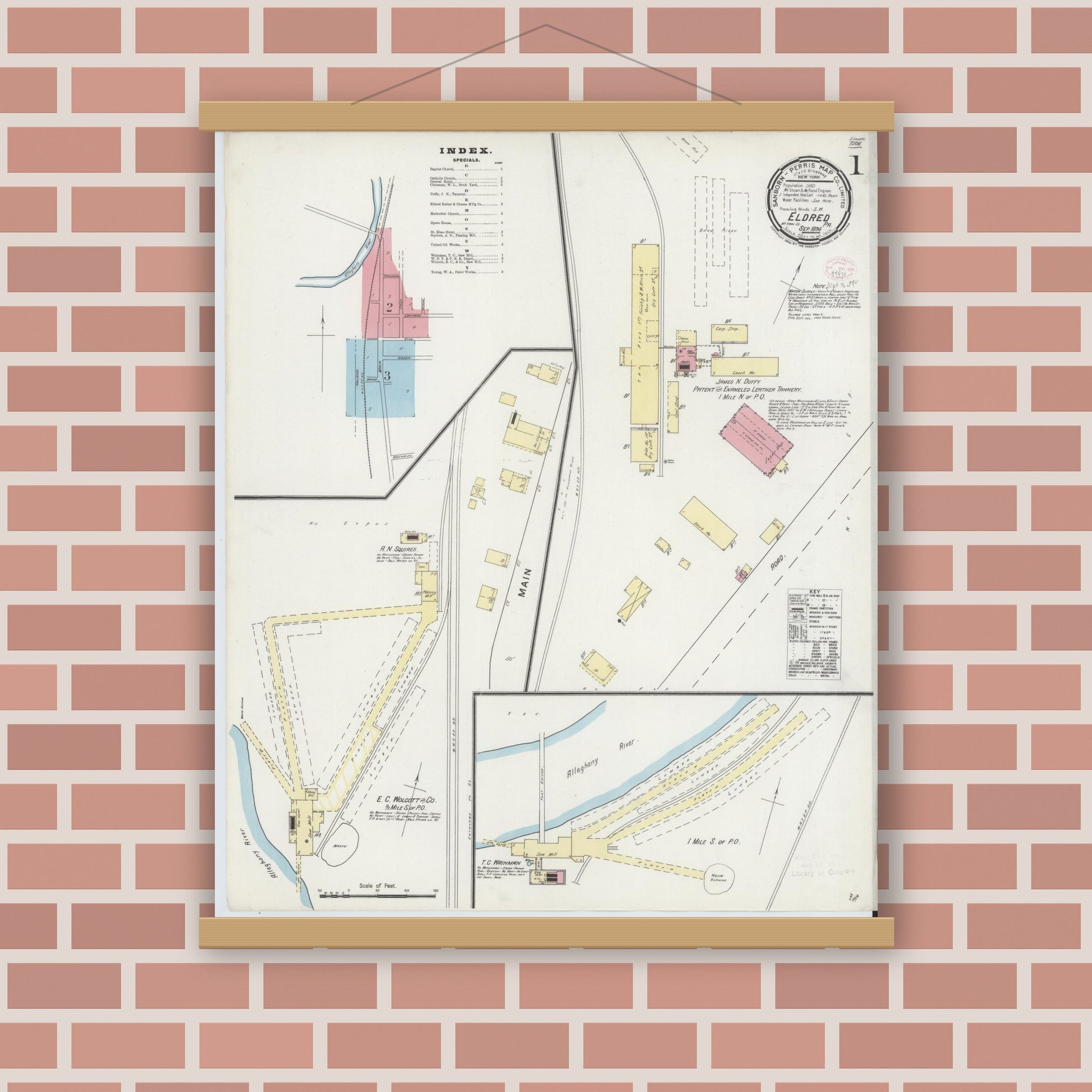 Old map wall art mockup — magnetic wood frame on brick wall — Sanborn Fire Insurance Map from Eldred, McKean County, Pennsylvania (1894), Sheet #0001