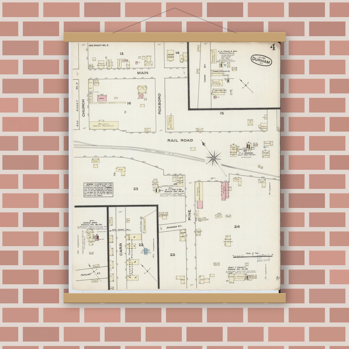 Old map wall art mockup — magnetic wood frame on brick wall — Sanborn Fire Insurance Map from Durham, Durham County, North Carolina (1884), Sheet #0004