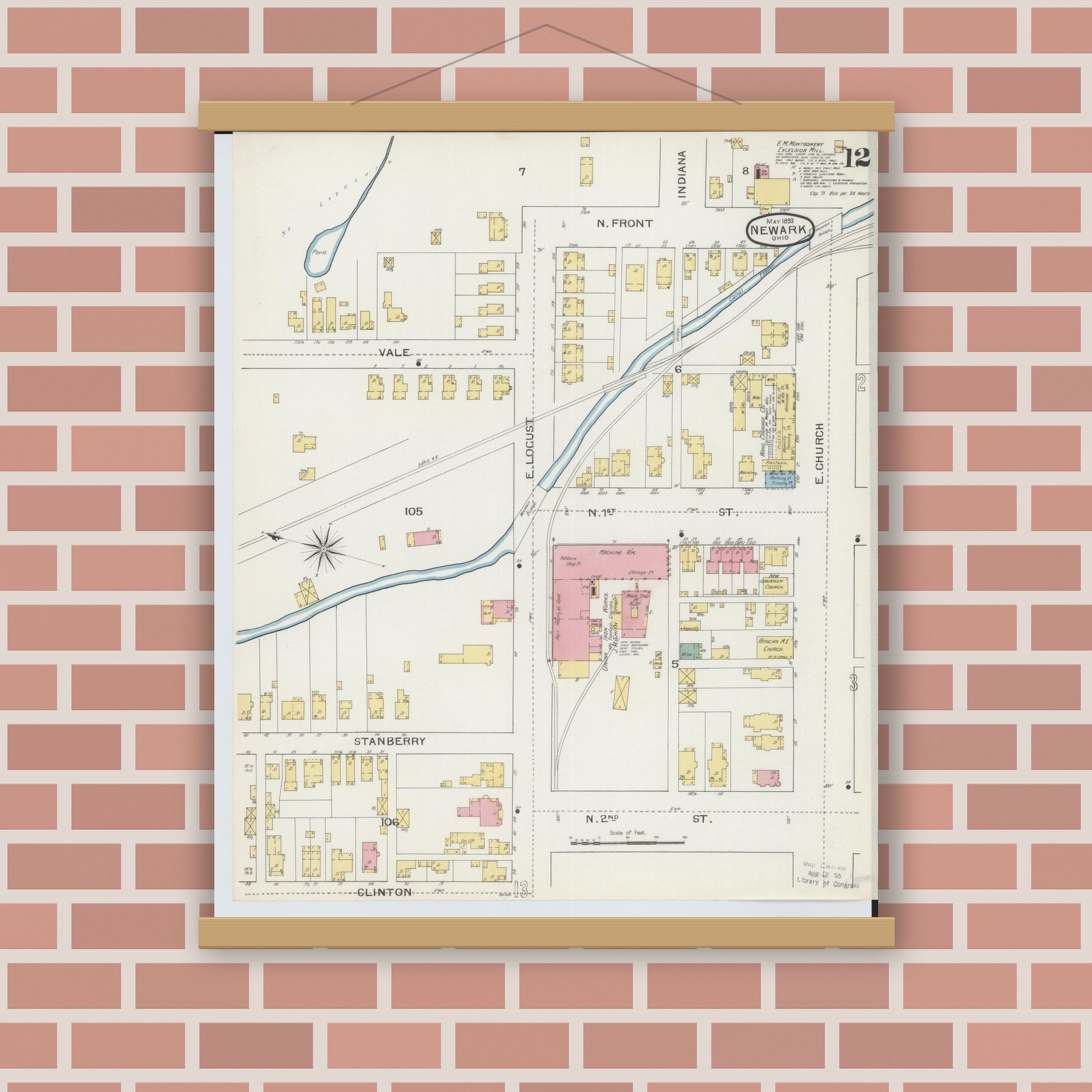 Old map wall art mockup — magnetic wood frame on brick wall — Sanborn Fire Insurance Map from Newark, Licking County, Ohio (1893), Sheet #0012