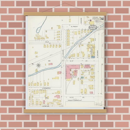 Old map wall art mockup — magnetic wood frame on brick wall — Sanborn Fire Insurance Map from Newark, Licking County, Ohio (1893), Sheet #0012