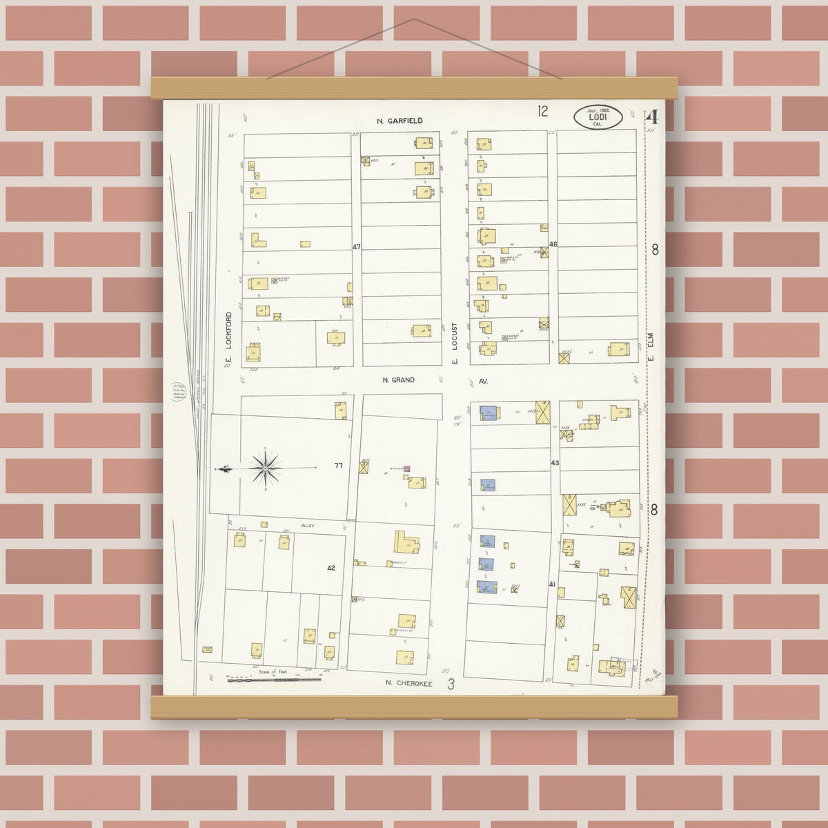 Old map wall art mockup — magnetic wood frame on brick wall — Sanborn Fire Insurance Map from Lodi, San Joaquin County, California (1908), Sheet #0004