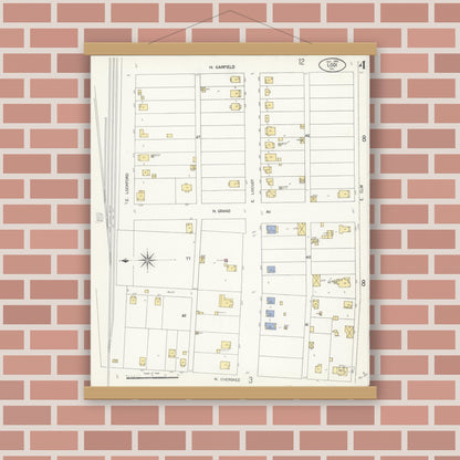 Old map wall art mockup — magnetic wood frame on brick wall — Sanborn Fire Insurance Map from Lodi, San Joaquin County, California (1908), Sheet #0004
