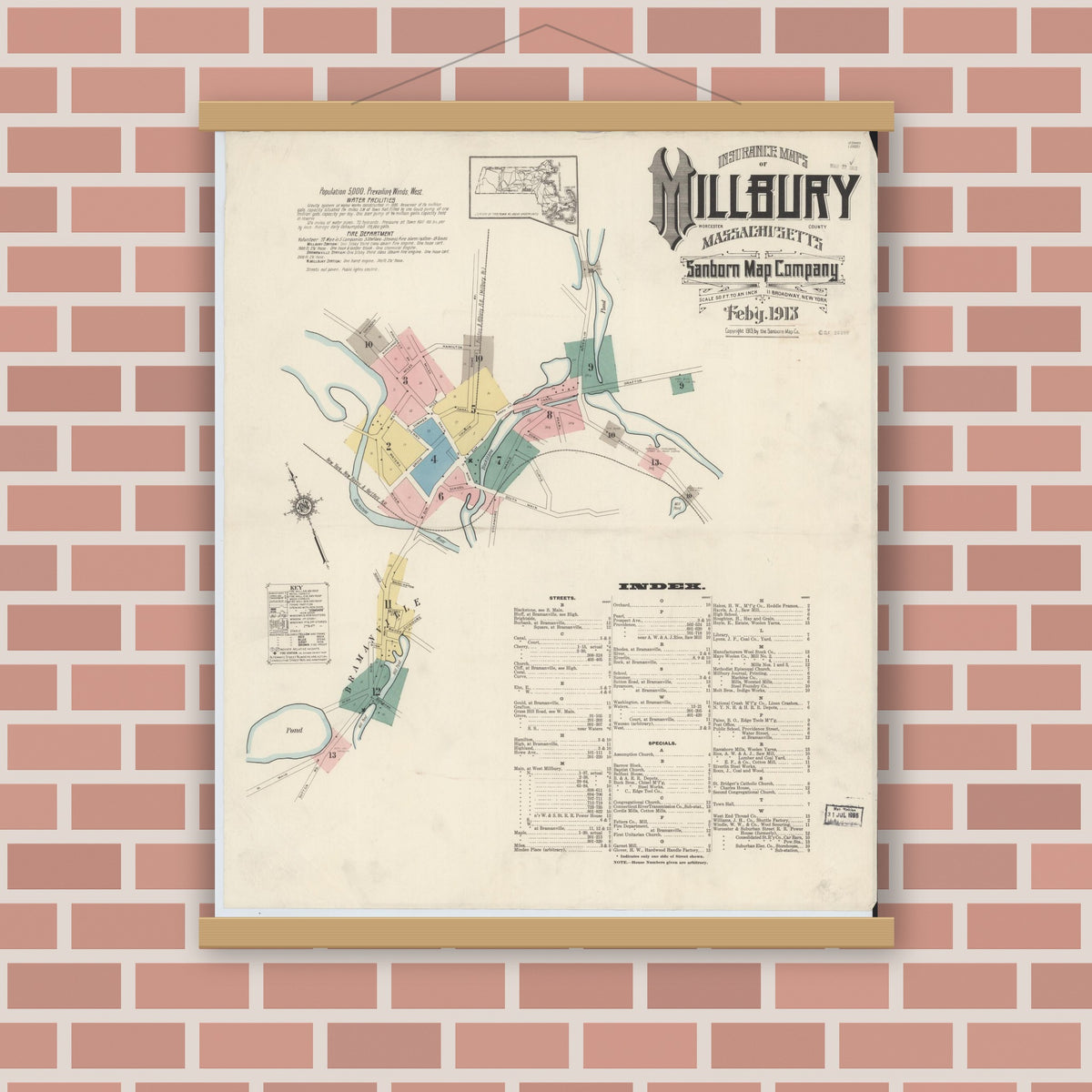 Old map wall art mockup — magnetic wood frame on brick wall — Sanborn Fire Insurance Map from Millbury, Worcester County, Massachusetts (1913) - Complete Map Set