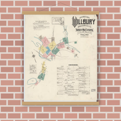 Old map wall art mockup — magnetic wood frame on brick wall — Sanborn Fire Insurance Map from Millbury, Worcester County, Massachusetts (1913) - Complete Map Set