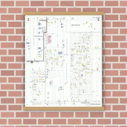 Old map wall art mockup — magnetic wood frame on brick wall — Sanborn Fire Insurance Map from Mount Vernon, Lawrence County, Missouri (1951), Sheet #0005