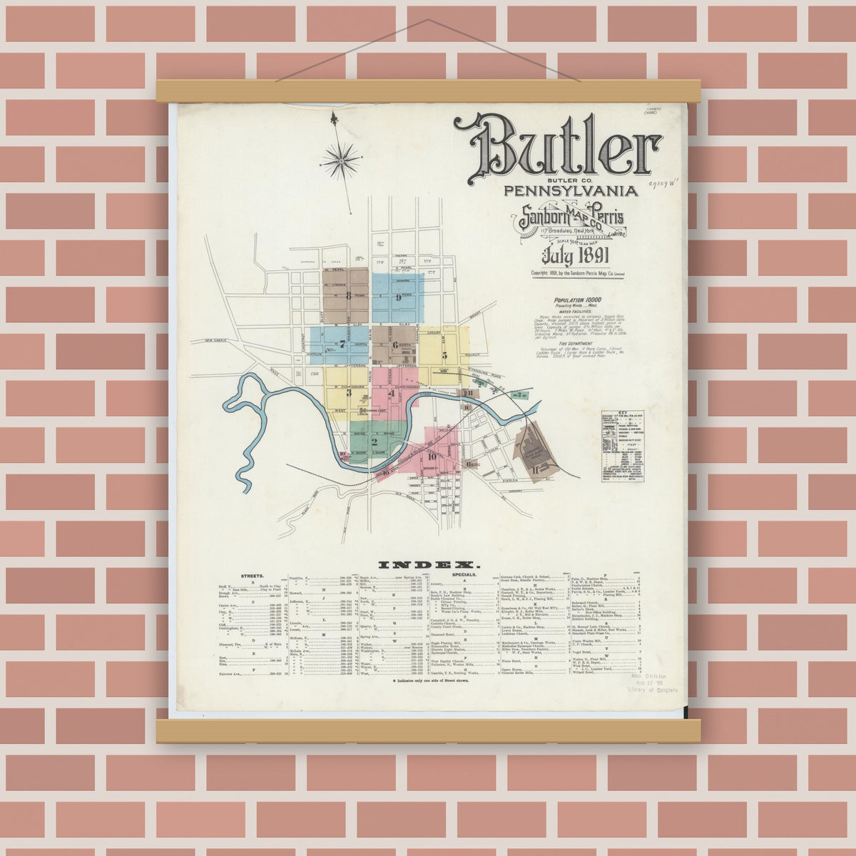 Old map wall art mockup — magnetic wood frame on brick wall — Sanborn Fire Insurance Map from Butler, Butler County, Pennsylvania (1891) - Complete Map Set