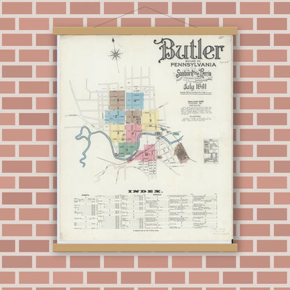 Old map wall art mockup — magnetic wood frame on brick wall — Sanborn Fire Insurance Map from Butler, Butler County, Pennsylvania (1891) - Complete Map Set