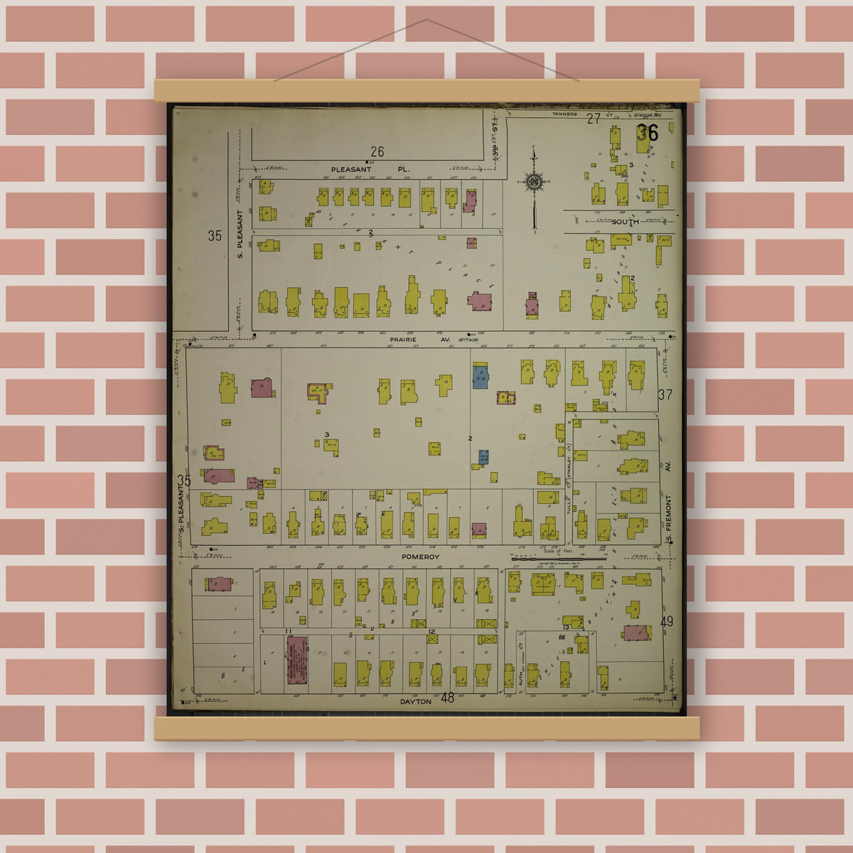 Old map wall art mockup — magnetic wood frame on brick wall — Sanborn Fire Insurance Map from Kenosha, Kenosha County, Wisconsin. (1918), Sheet 40