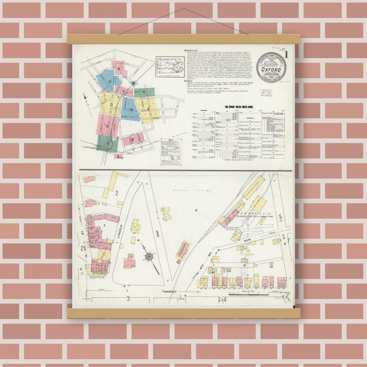 Old map wall art mockup — magnetic wood frame on brick wall — Sanborn Fire Insurance Map from Oxford, Chester County, Pennsylvania (1914) - Complete Map Set