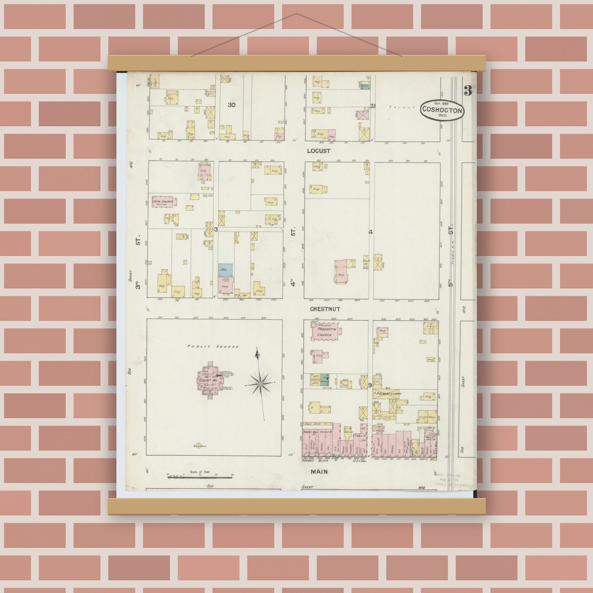 Old map wall art mockup — magnetic wood frame on brick wall — Sanborn Fire Insurance Map from Coshocton, Coshocton County, Ohio (1889), Sheet #0003