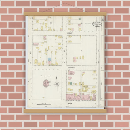 Old map wall art mockup — magnetic wood frame on brick wall — Sanborn Fire Insurance Map from Coshocton, Coshocton County, Ohio (1889), Sheet #0003