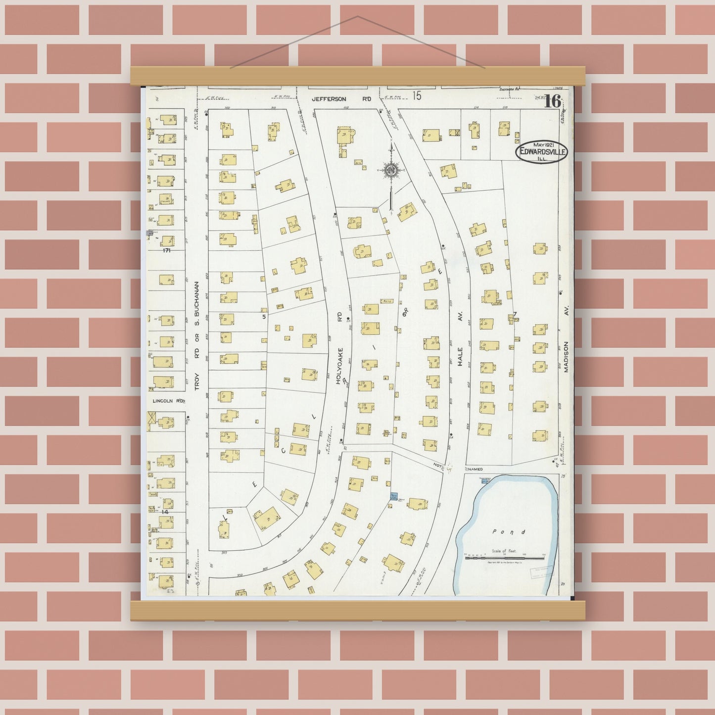 Old map wall art mockup — magnetic wood frame on brick wall — Sanborn Fire Insurance Map from Edwardsville, Madison County, Illinois (1921), Sheet #0016