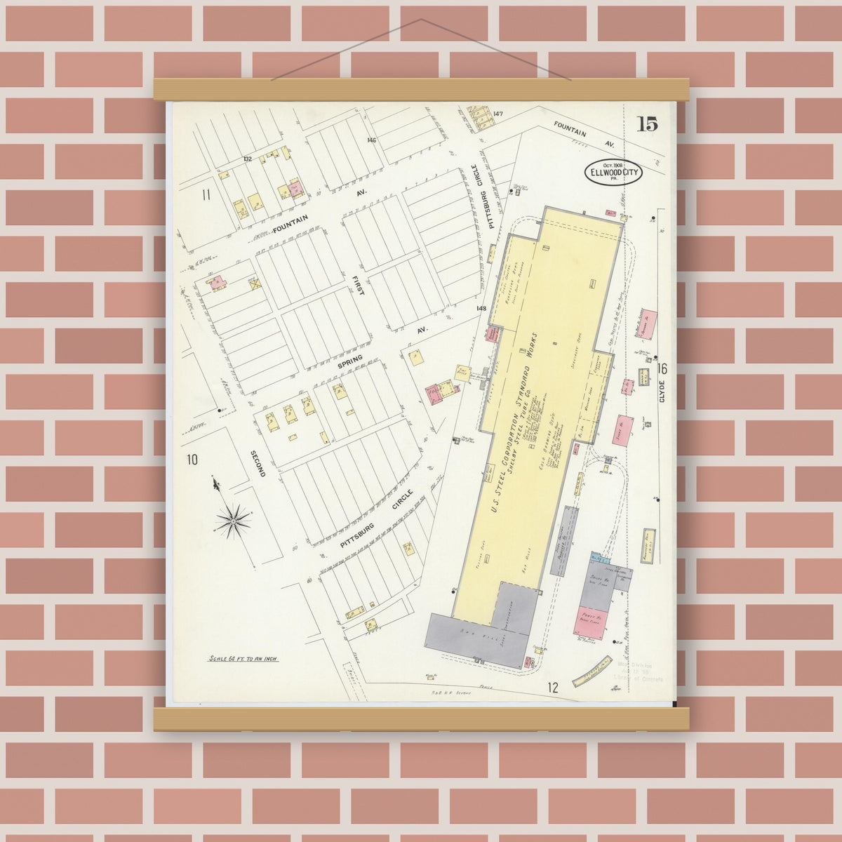 Old map wall art mockup — magnetic wood frame on brick wall — Sanborn Fire Insurance Map from Ellwood City, Lawrence County, Pennsylvania (1908), Sheet #0015