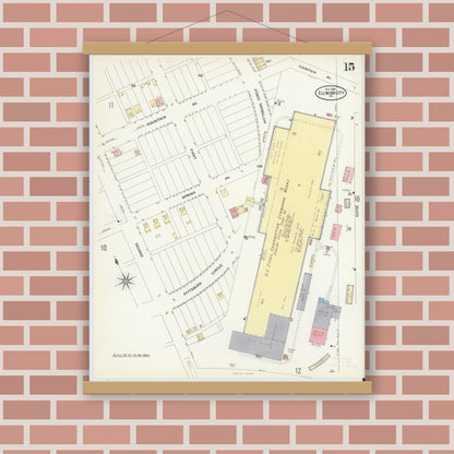 Old map wall art mockup — magnetic wood frame on brick wall — Sanborn Fire Insurance Map from Ellwood City, Lawrence County, Pennsylvania (1908), Sheet #0015