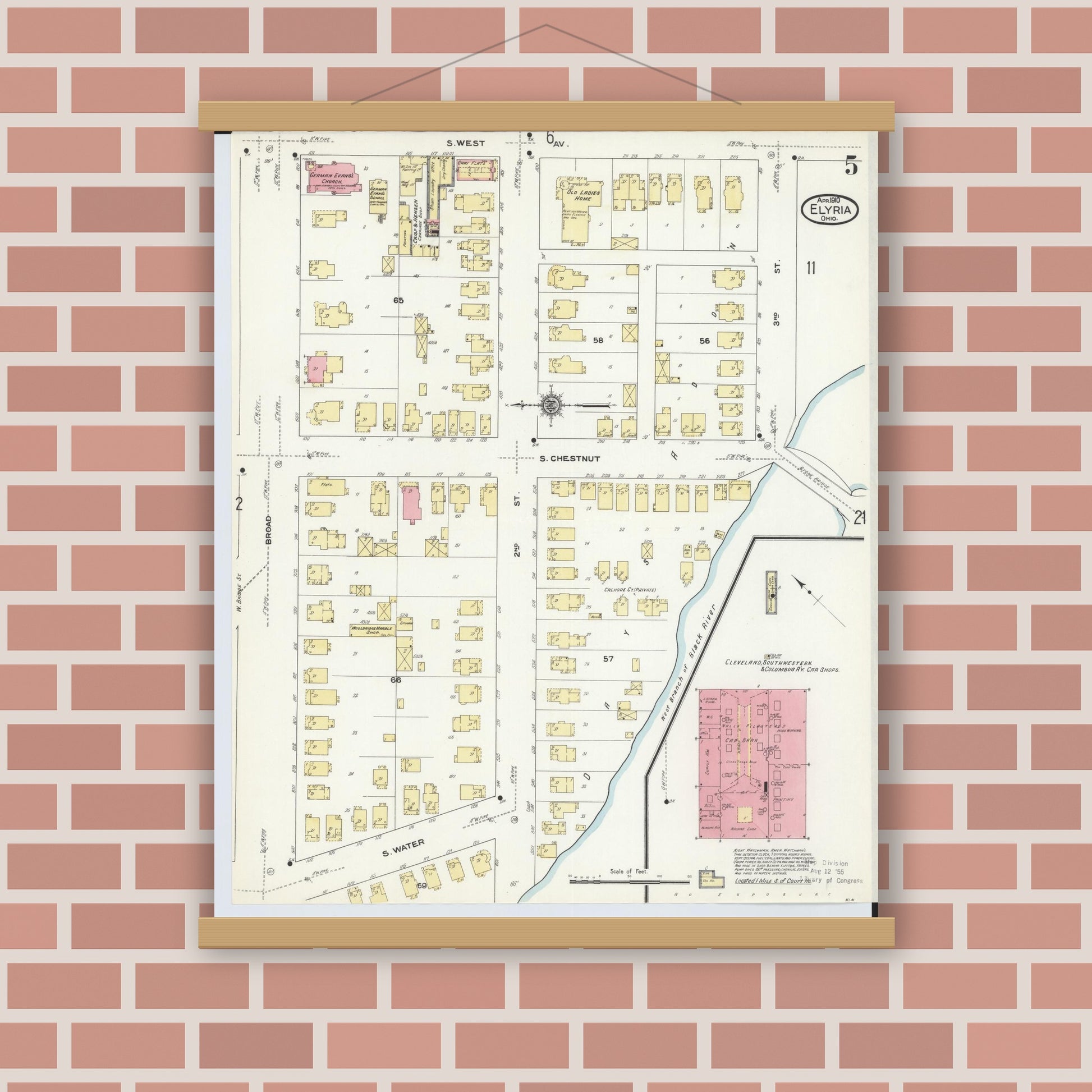 Old map wall art mockup — magnetic wood frame on brick wall — Sanborn Fire Insurance Map from Elyria, Lorain County, Ohio (1910), Sheet #0005