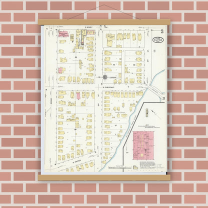Old map wall art mockup — magnetic wood frame on brick wall — Sanborn Fire Insurance Map from Elyria, Lorain County, Ohio (1910), Sheet #0005