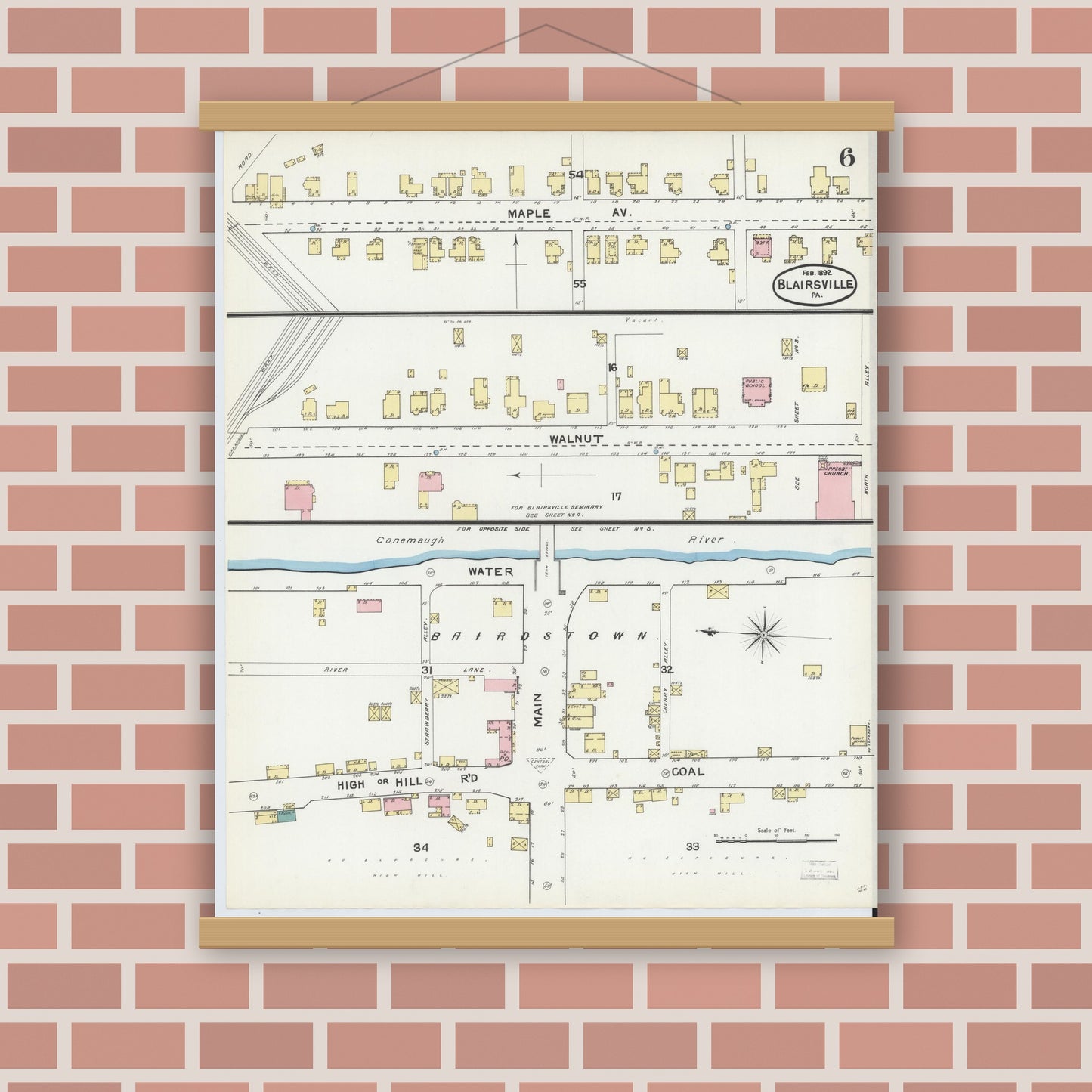 Old map wall art mockup — magnetic wood frame on brick wall — Sanborn Fire Insurance Map from Blairsville, Indiana County, Pennsylvania (1892), Sheet #0006