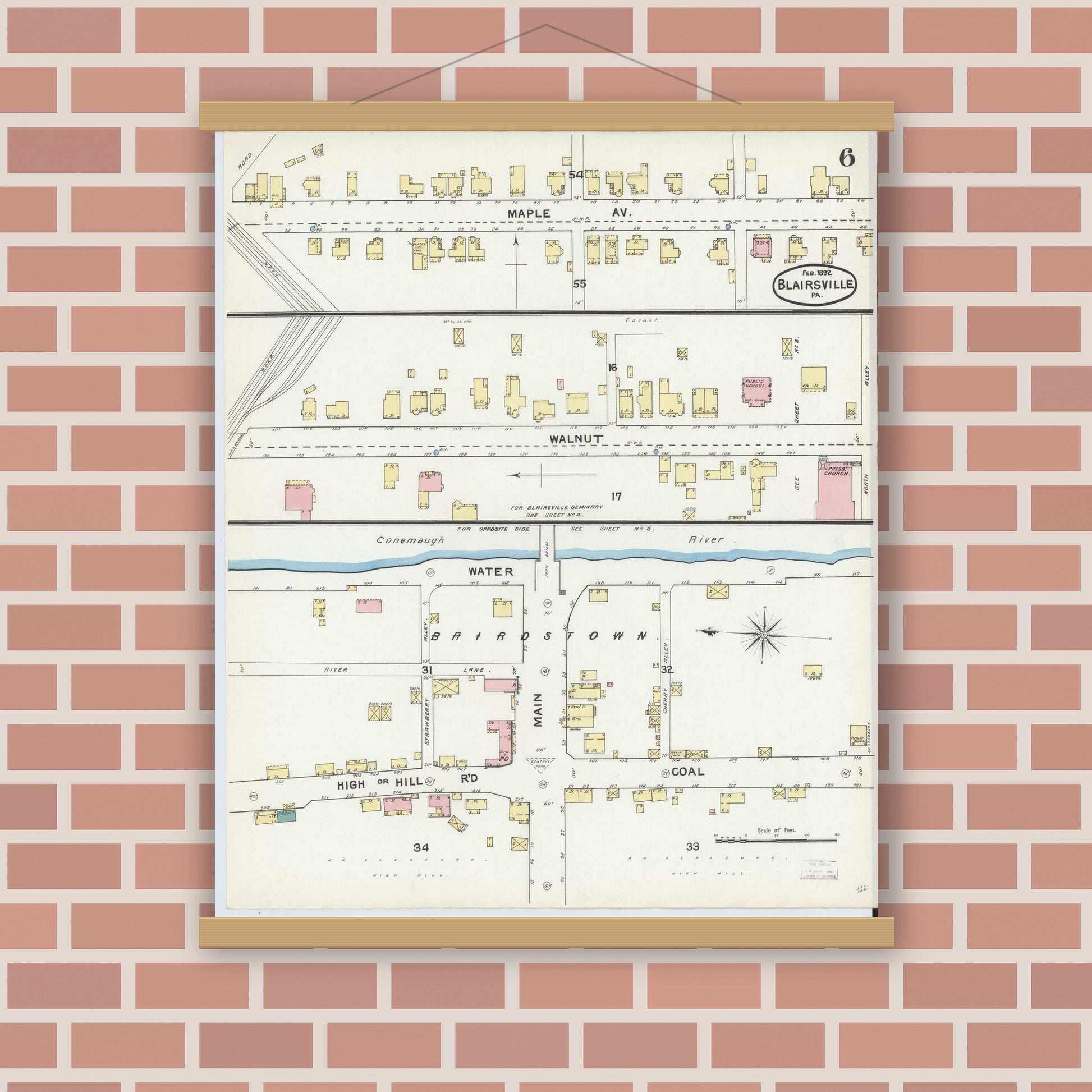 Old map wall art mockup — magnetic wood frame on brick wall — Sanborn Fire Insurance Map from Blairsville, Indiana County, Pennsylvania (1892), Sheet #0006