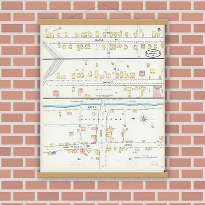 Old map wall art mockup — magnetic wood frame on brick wall — Sanborn Fire Insurance Map from Blairsville, Indiana County, Pennsylvania (1892), Sheet #0006