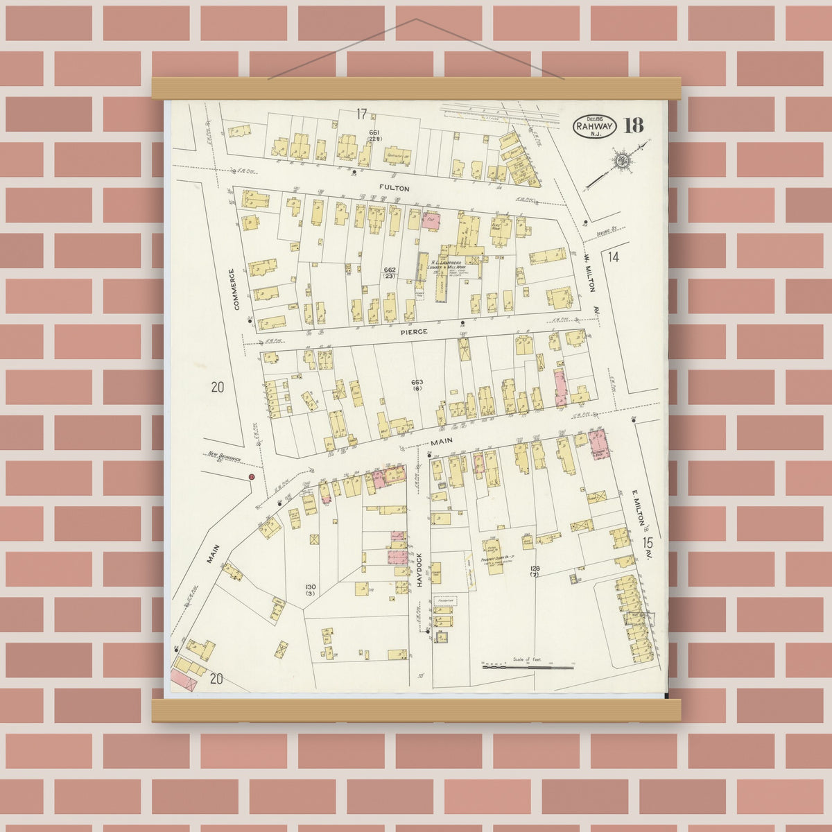 Old map wall art mockup — magnetic wood frame on brick wall — Sanborn Fire Insurance Map from Rahway, Union County, New Jersey (1915), Sheet #0018