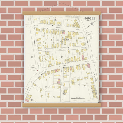 Old map wall art mockup — magnetic wood frame on brick wall — Sanborn Fire Insurance Map from Rahway, Union County, New Jersey (1915), Sheet #0018