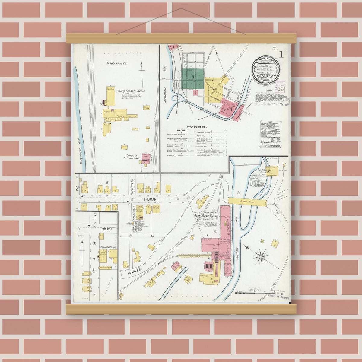 Old map wall art mockup — magnetic wood frame on brick wall — Sanborn Fire Insurance Map from Catawissa, Columbia County, Pennsylvania (1901) - Complete Map Set