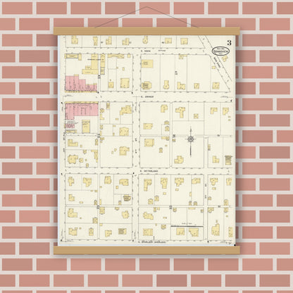 Old map wall art mockup — magnetic wood frame on brick wall — Sanborn Fire Insurance Map from Grandview, Johnson County, Texas (1912), Sheet #0003