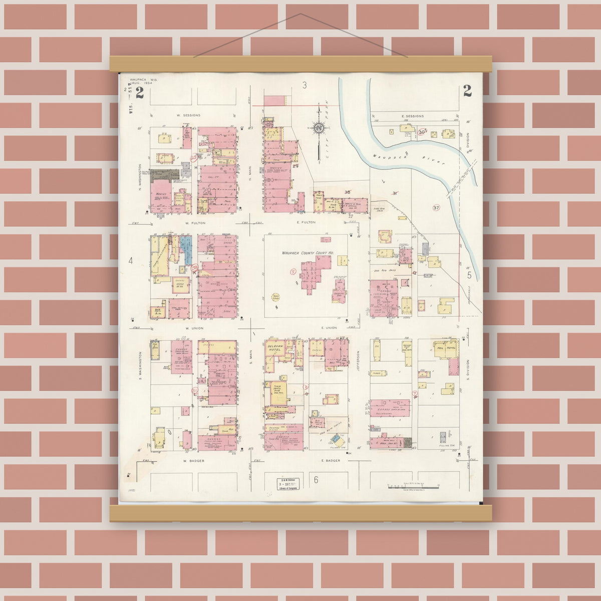 Old map wall art mockup — magnetic wood frame on brick wall — Sanborn Fire Insurance Map from Waupaca, Waupaca County, Wisconsin (1941), Sheet #0002