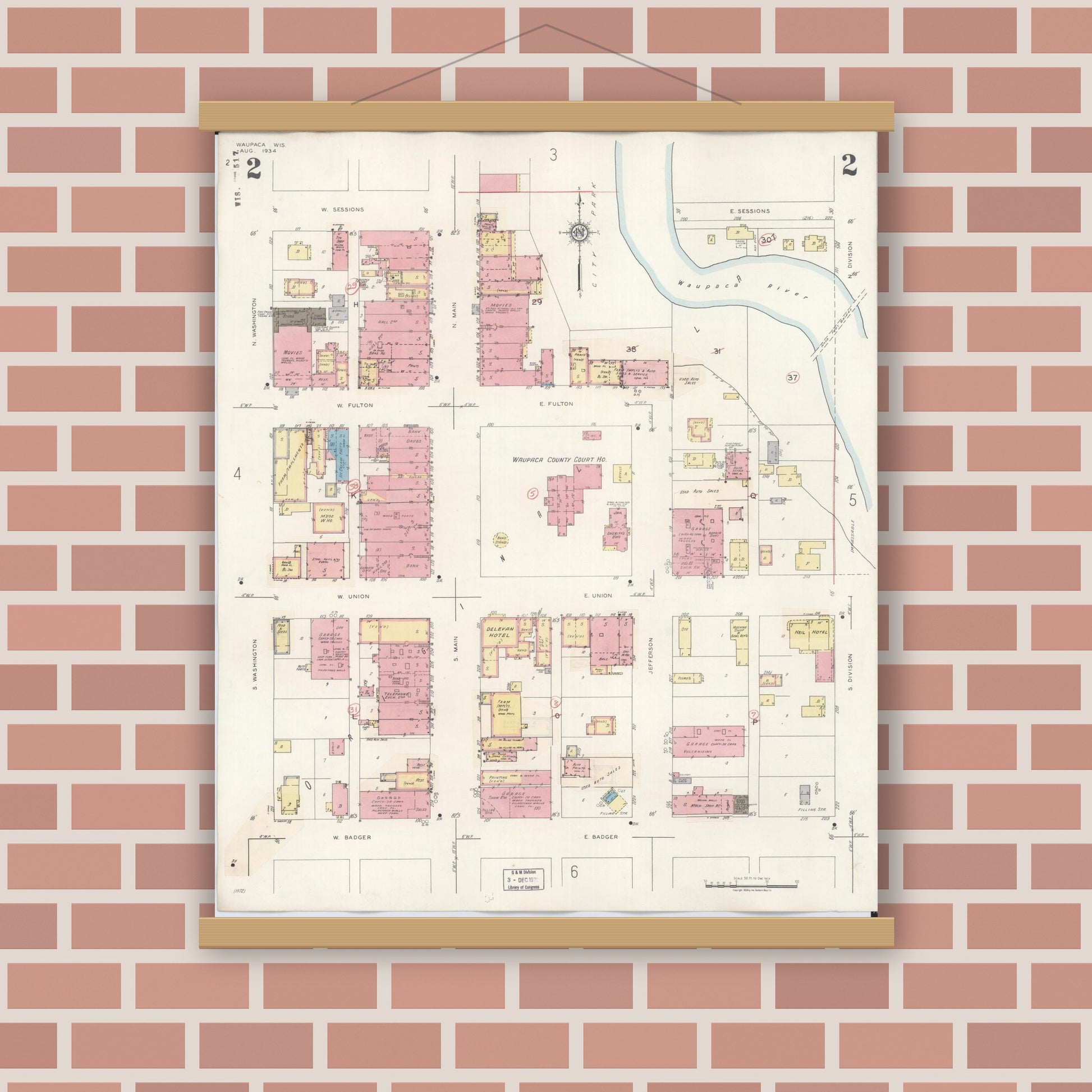 Old map wall art mockup — magnetic wood frame on brick wall — Sanborn Fire Insurance Map from Waupaca, Waupaca County, Wisconsin (1941), Sheet #0002