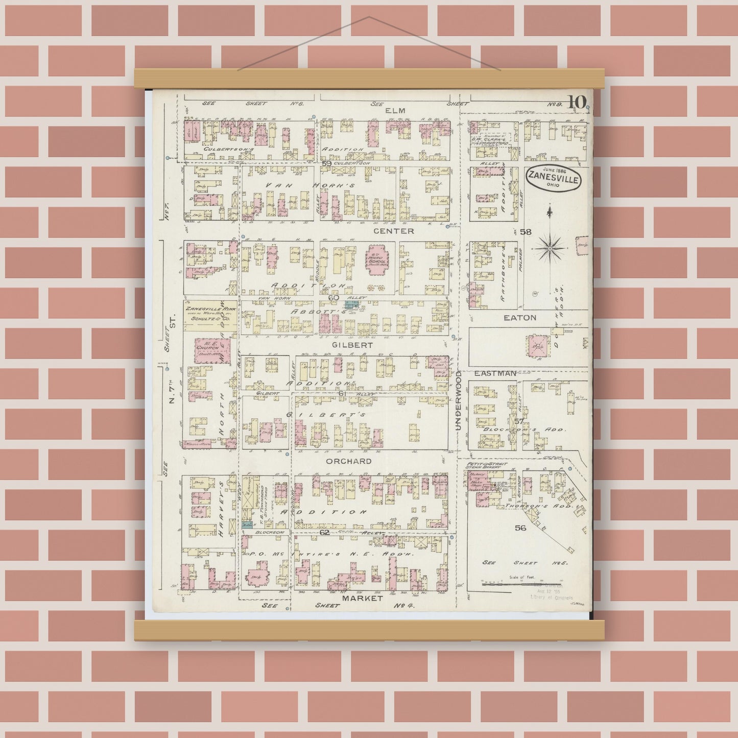 Old map wall art mockup — magnetic wood frame on brick wall — Sanborn Fire Insurance Map from Zanesville, Muskingum County, Ohio (1886), Sheet #0010